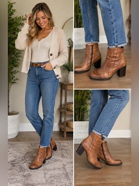 KF Ltd. Women's‎ Brown Leather Ankle Booties with Block Heel and Side Zip